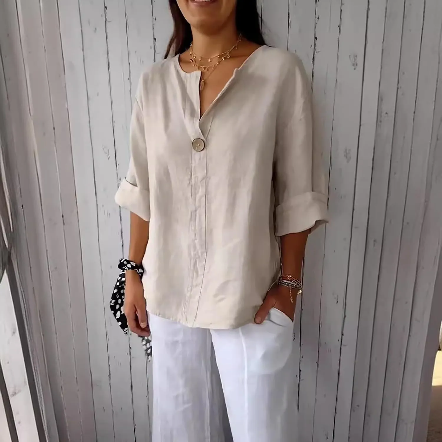 3/4 Sleeve Spring Tops for Women Summer Casual Loose Comfy V Neck Pullover Tops Beach Vacation Linen Shirts Blouses