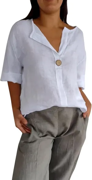 3/4 Sleeve Spring Tops for Women Summer Casual Loose Comfy V Neck Pullover Tops Beach Vacation Linen Shirts Blouses