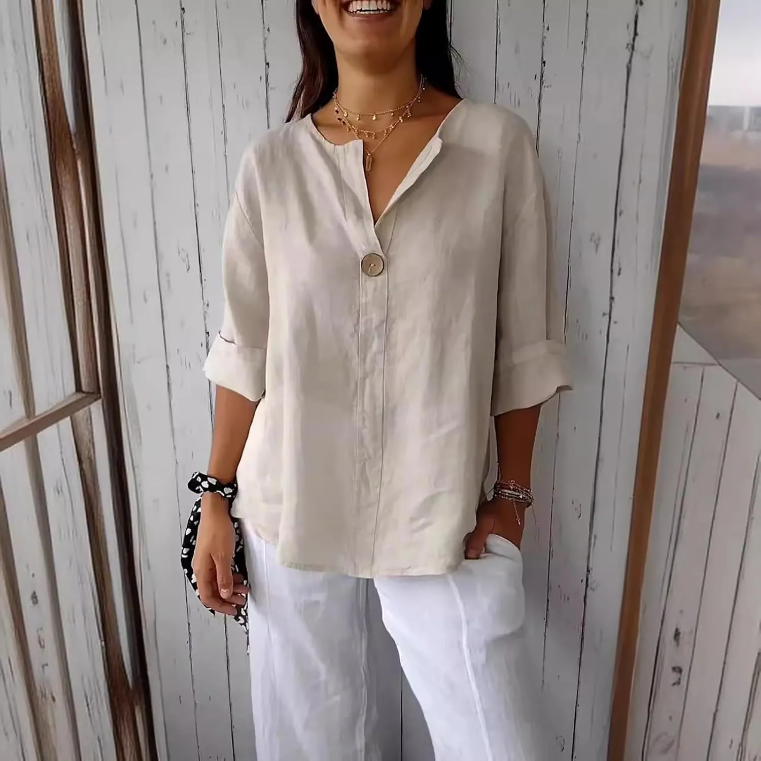 3/4 Sleeve Spring Tops for Women Summer Casual Loose Comfy V Neck Pullover Tops Beach Vacation Linen Shirts Blouses