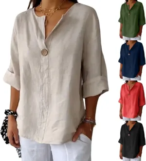 3/4 Sleeve Spring Tops for Women Summer Casual Loose Comfy V Neck Pullover Tops Beach Vacation Linen Shirts Blouses