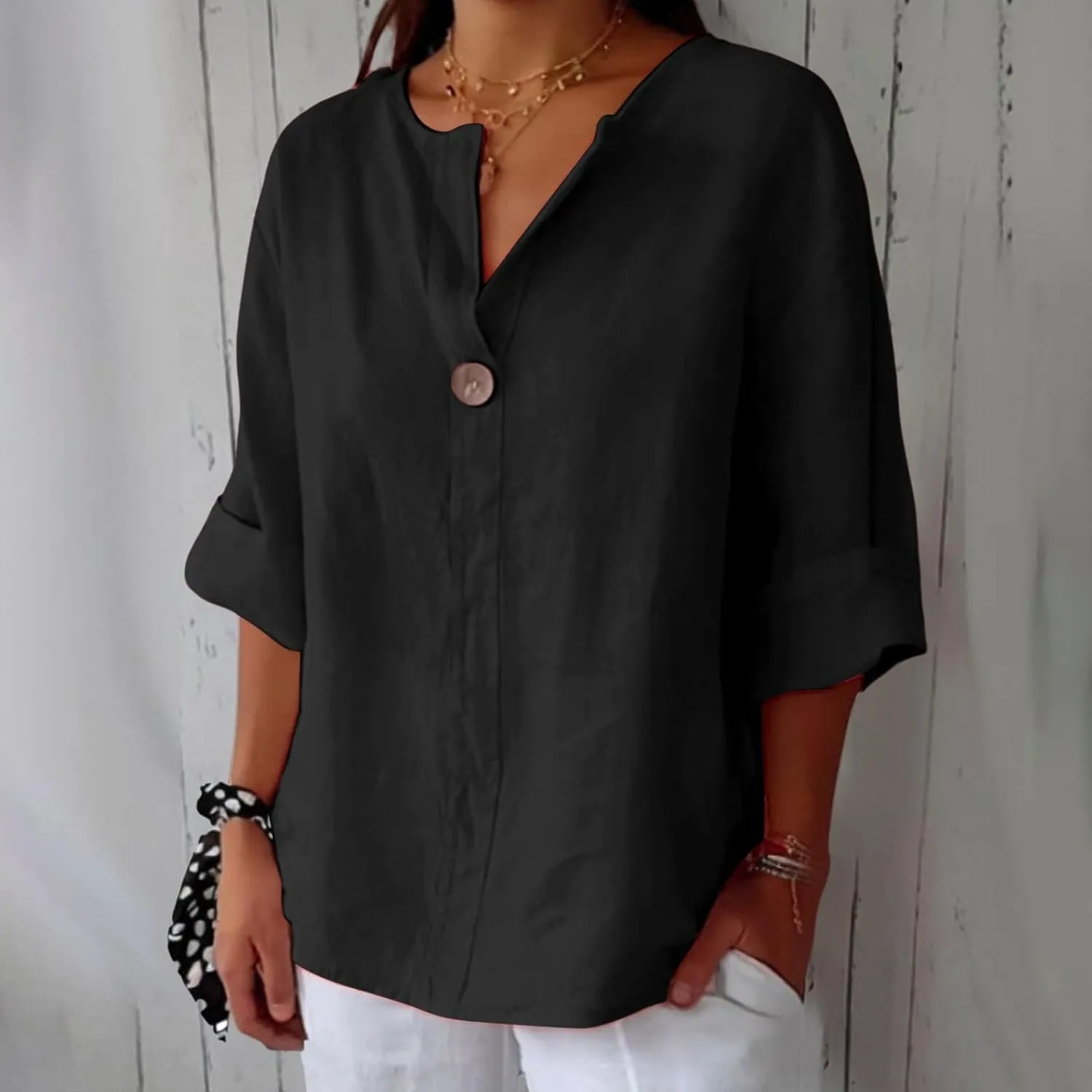 3/4 Sleeve Spring Tops for Women Summer Casual Loose Comfy V Neck Pullover Tops Beach Vacation Linen Shirts Blouses