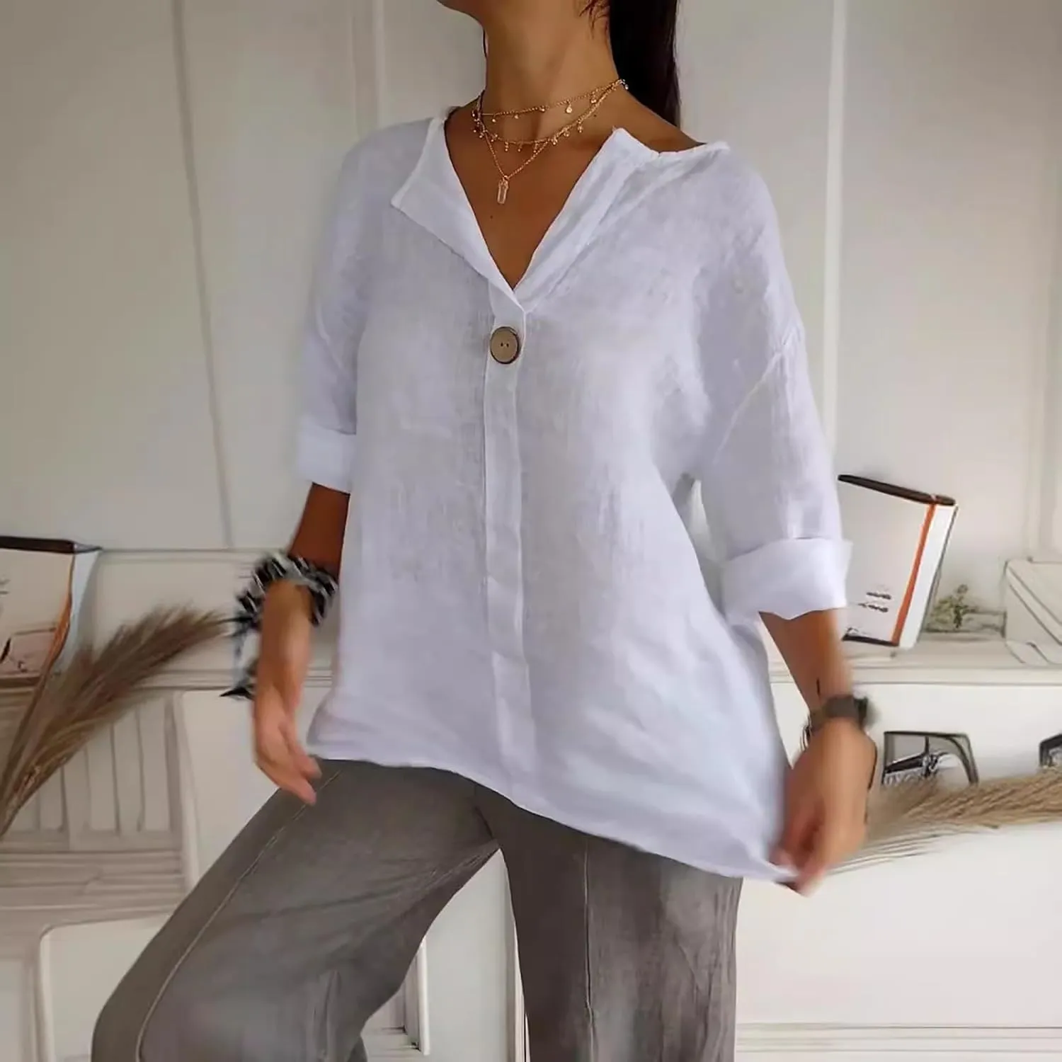 3/4 Sleeve Spring Tops for Women Summer Casual Loose Comfy V Neck Pullover Tops Beach Vacation Linen Shirts Blouses