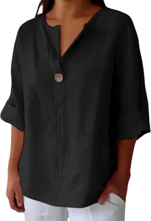 3/4 Sleeve Spring Tops for Women Summer Casual Loose Comfy V Neck Pullover Tops Beach Vacation Linen Shirts Blouses