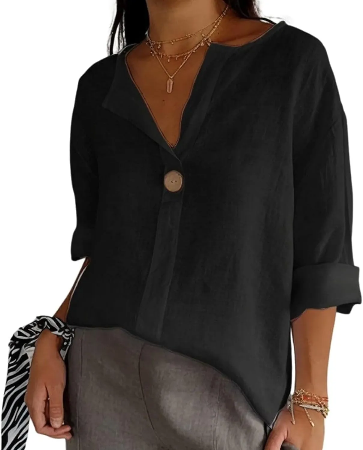 3/4 Sleeve Spring Tops for Women Summer Casual Loose Comfy V Neck Pullover Tops Beach Vacation Linen Shirts Blouses