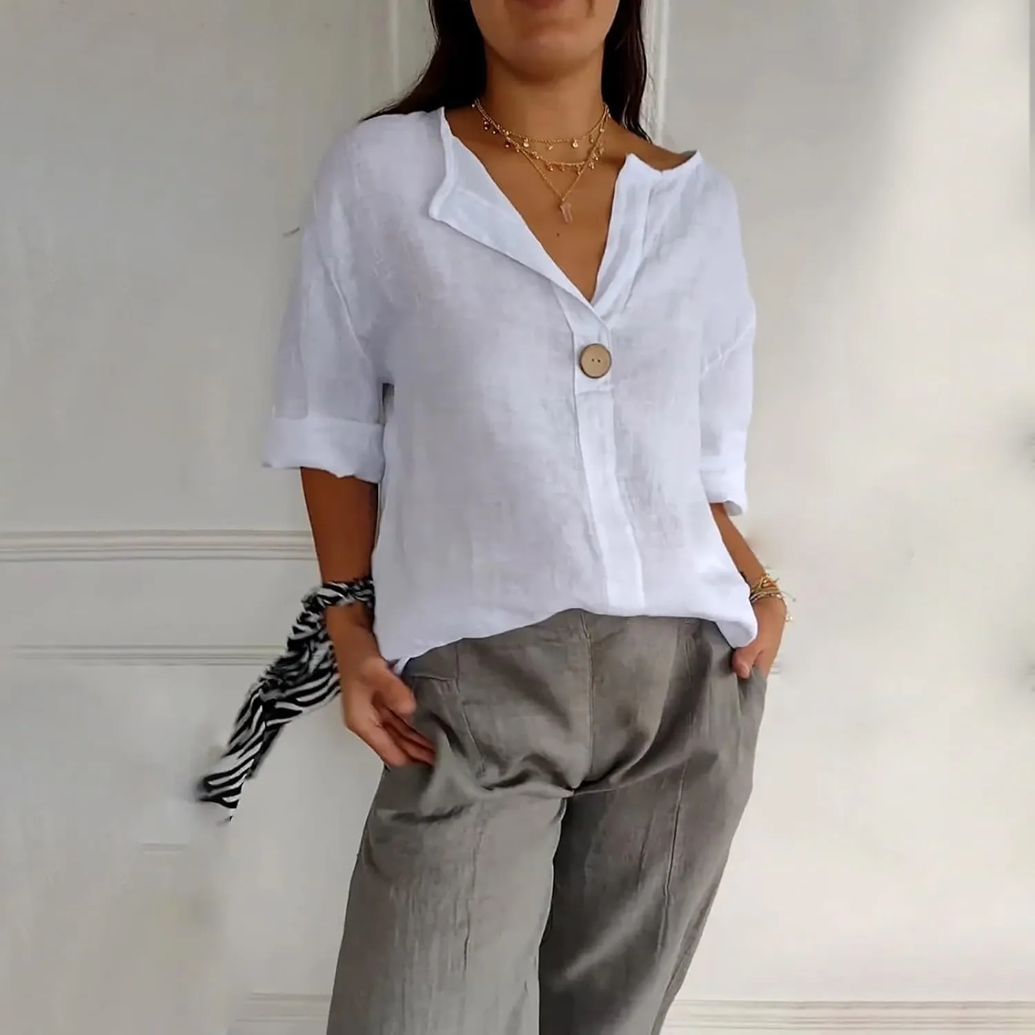 3/4 Sleeve Spring Tops for Women Summer Casual Loose Comfy V Neck Pullover Tops Beach Vacation Linen Shirts Blouses