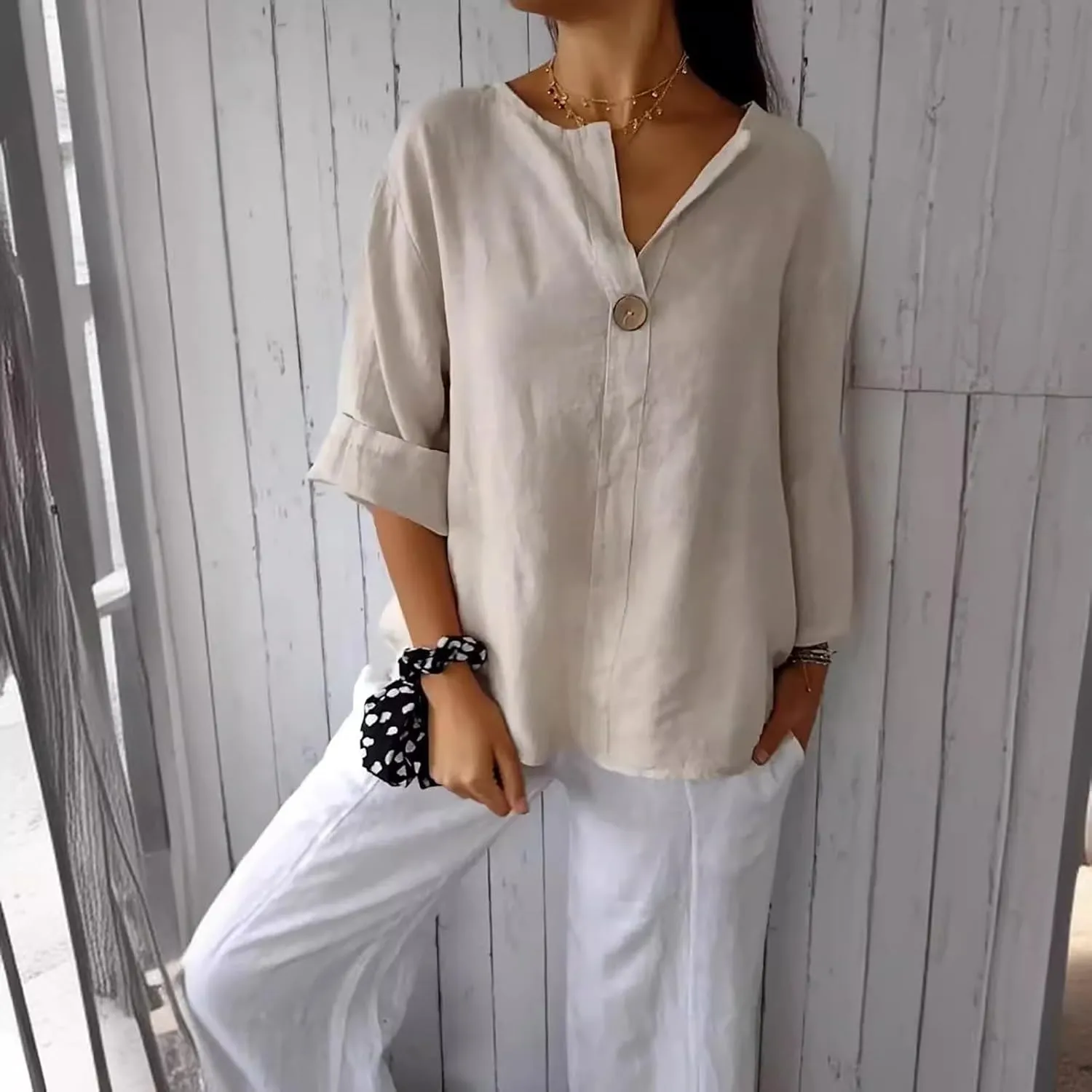3/4 Sleeve Spring Tops for Women Summer Casual Loose Comfy V Neck Pullover Tops Beach Vacation Linen Shirts Blouses
