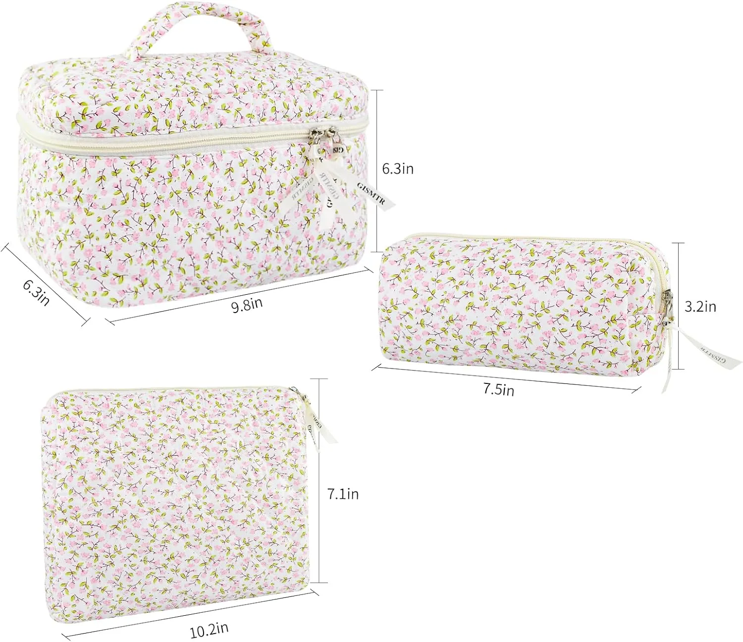 3PCS Makeup Bag Set, Cute Quilted Floral Cosmetic Bag, Large Travel Aesthetic Make up Bag, Coquette Makeup Pouch Toiletry Bag for Women Girls