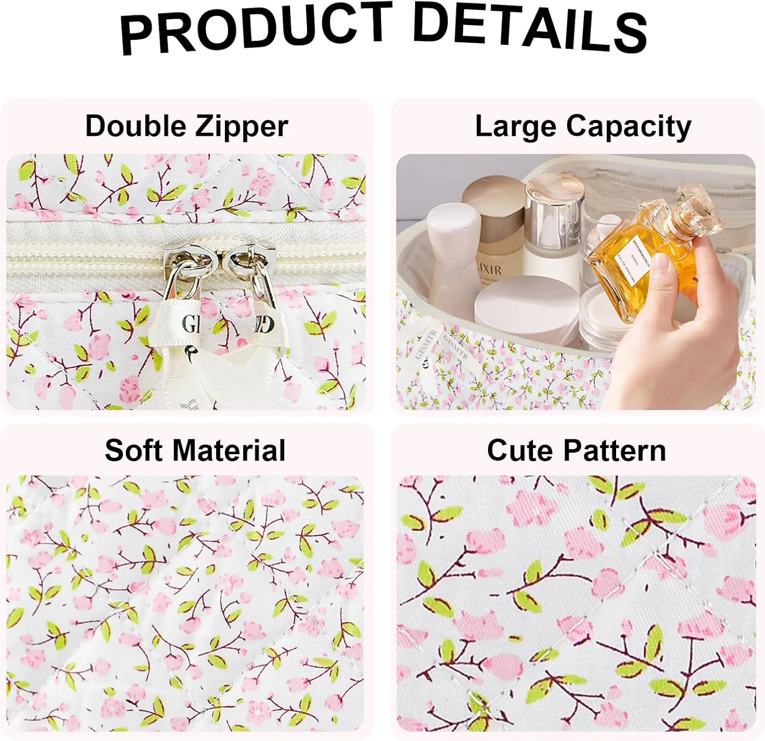 3PCS Makeup Bag Set, Cute Quilted Floral Cosmetic Bag, Large Travel Aesthetic Make up Bag, Coquette Makeup Pouch Toiletry Bag for Women Girls