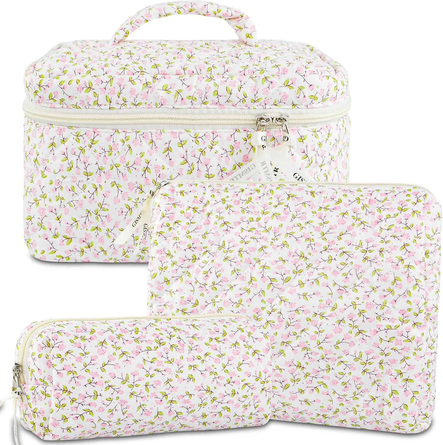 3PCS Makeup Bag Set, Cute Quilted Floral Cosmetic Bag, Large Travel Aesthetic Make up Bag, Coquette Makeup Pouch Toiletry Bag for Women Girls