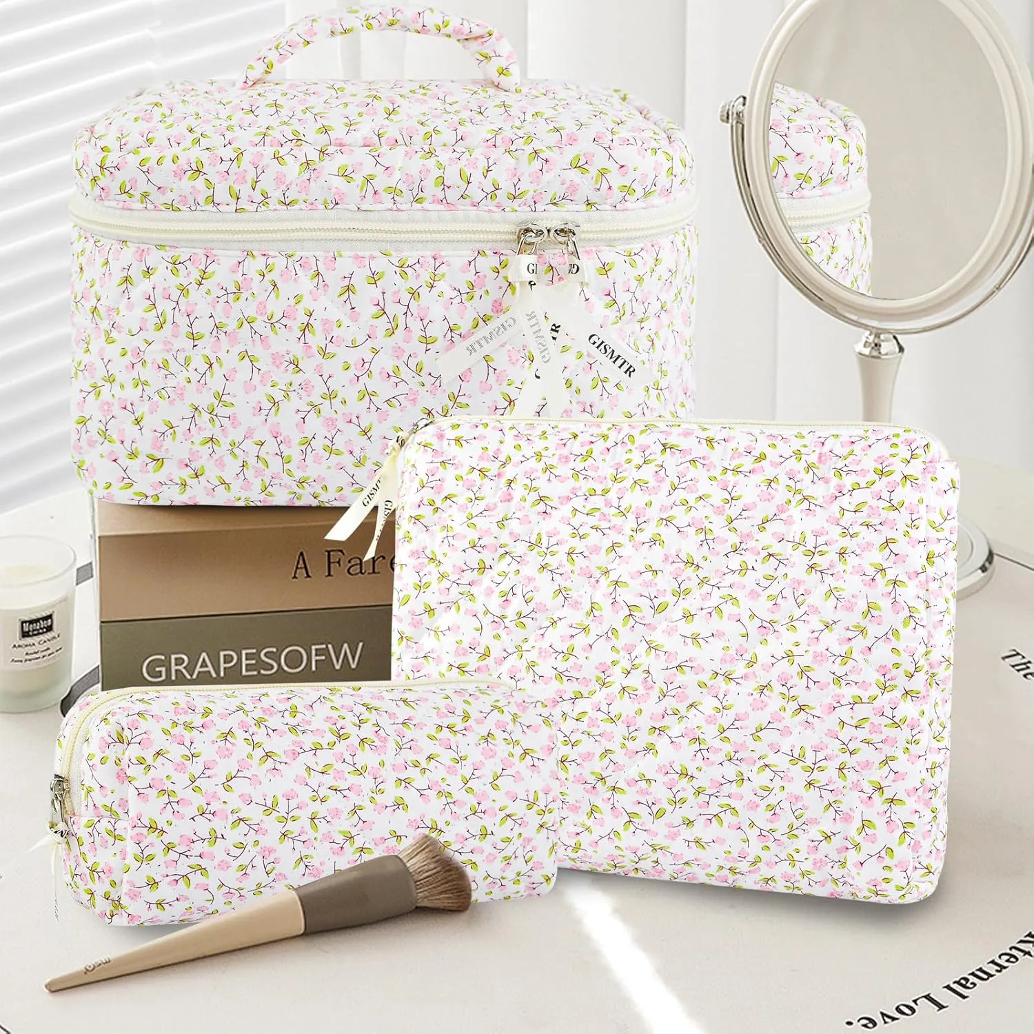 3PCS Makeup Bag Set, Cute Quilted Floral Cosmetic Bag, Large Travel Aesthetic Make up Bag, Coquette Makeup Pouch Toiletry Bag for Women Girls