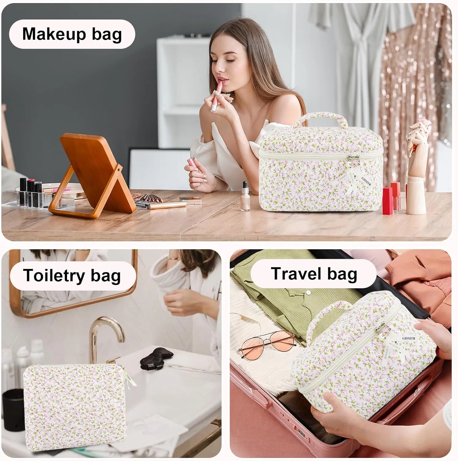 3PCS Makeup Bag Set, Cute Quilted Floral Cosmetic Bag, Large Travel Aesthetic Make up Bag, Coquette Makeup Pouch Toiletry Bag for Women Girls