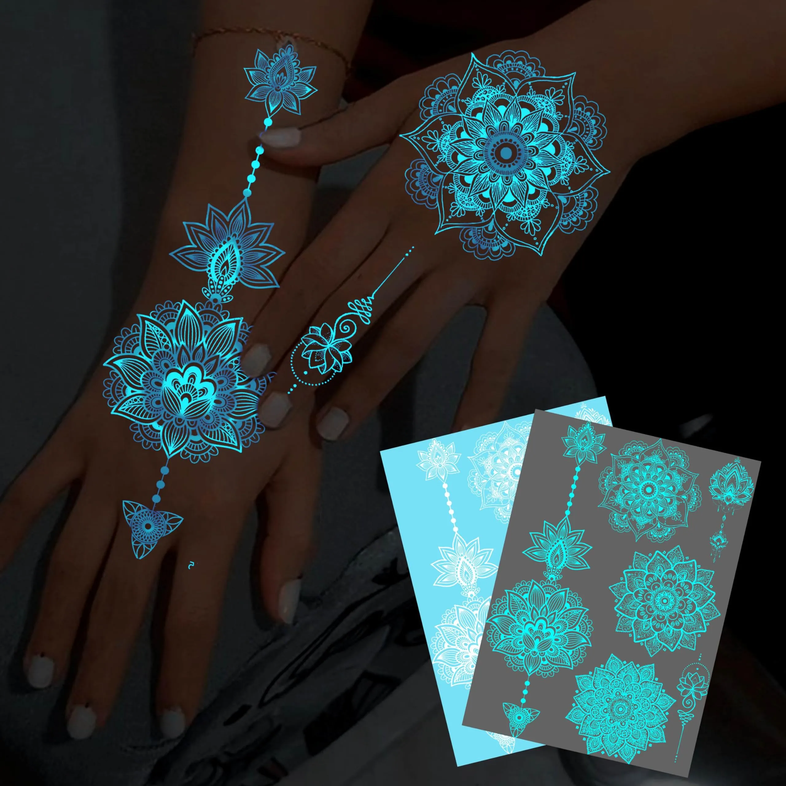 4 Sheets Blue Luminous Mandala Flower Tempoprary Tattoos For Women Girls Adults Hands Arm, Sexy Tribal Lace Lotus Glow In The Dark Fake Tattoo Stickers, Night Glitter Wedding Festival Party Supplies