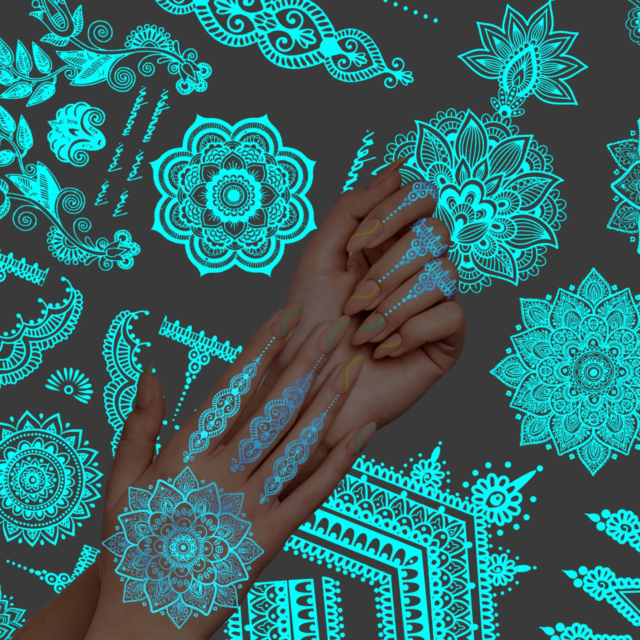 4 Sheets Blue Luminous Mandala Flower Tempoprary Tattoos For Women Girls Adults Hands Arm, Sexy Tribal Lace Lotus Glow In The Dark Fake Tattoo Stickers, Night Glitter Wedding Festival Party Supplies