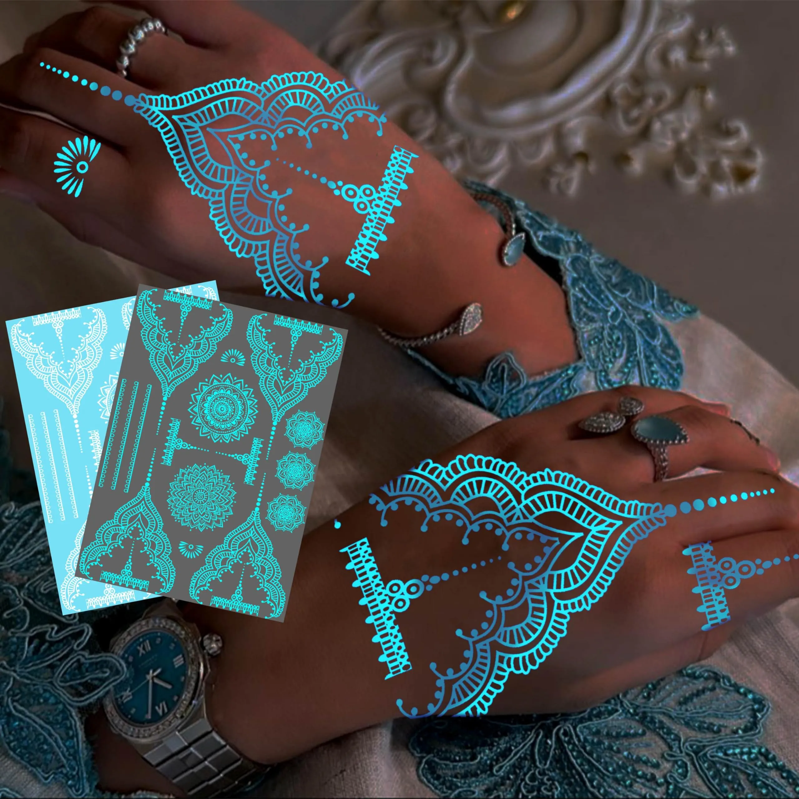 4 Sheets Blue Luminous Mandala Flower Tempoprary Tattoos For Women Girls Adults Hands Arm, Sexy Tribal Lace Lotus Glow In The Dark Fake Tattoo Stickers, Night Glitter Wedding Festival Party Supplies