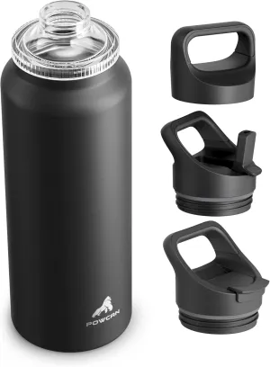 40 oz Insulated Water Bottle for Outdoors: 3 Lids, Leakproof, Keep Ice 24H and Hot 12H, Double Wall, Large Metal Water Flask with Handle for Camping, Hiking, Climbing, Workout, Travel (Midnight Black)