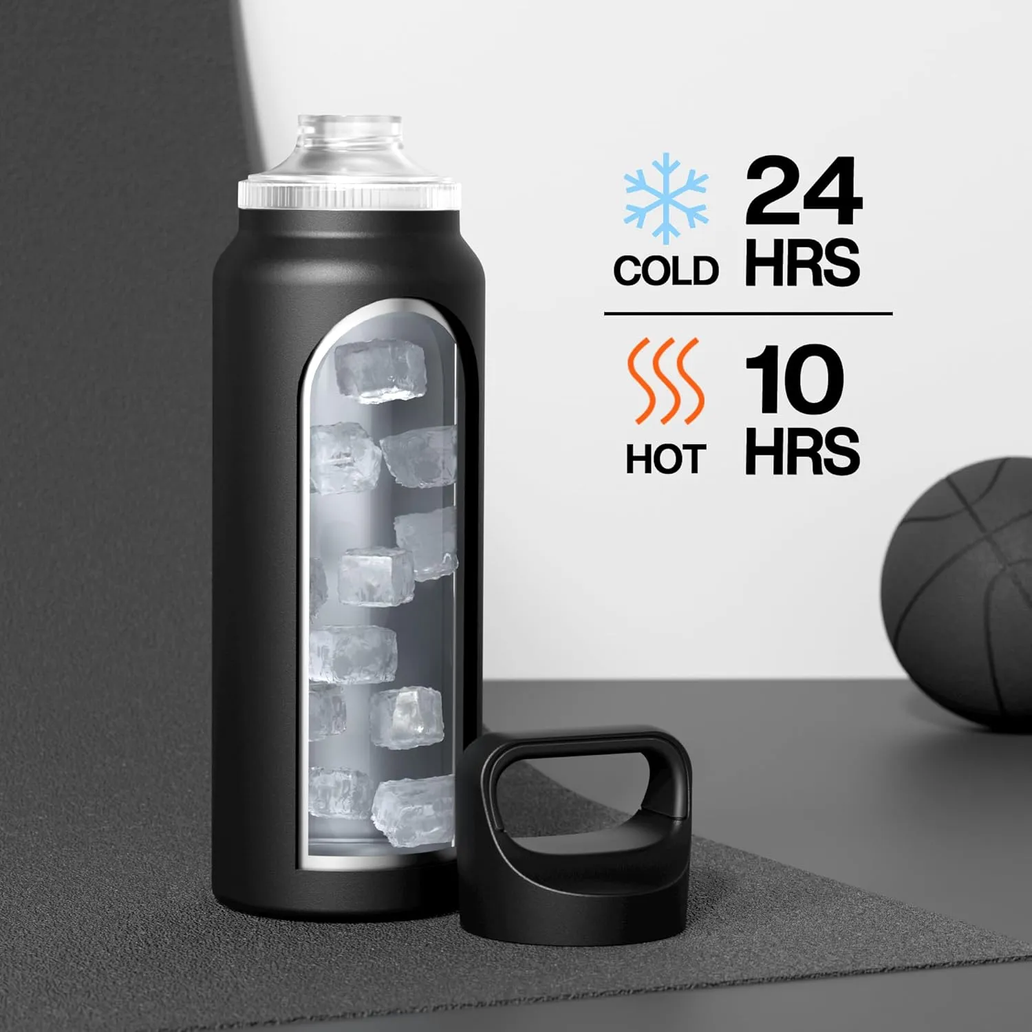 40 oz Insulated Water Bottle for Outdoors: 3 Lids, Leakproof, Keep Ice 24H and Hot 12H, Double Wall, Large Metal Water Flask with Handle for Camping, Hiking, Climbing, Workout, Travel (Midnight Black)