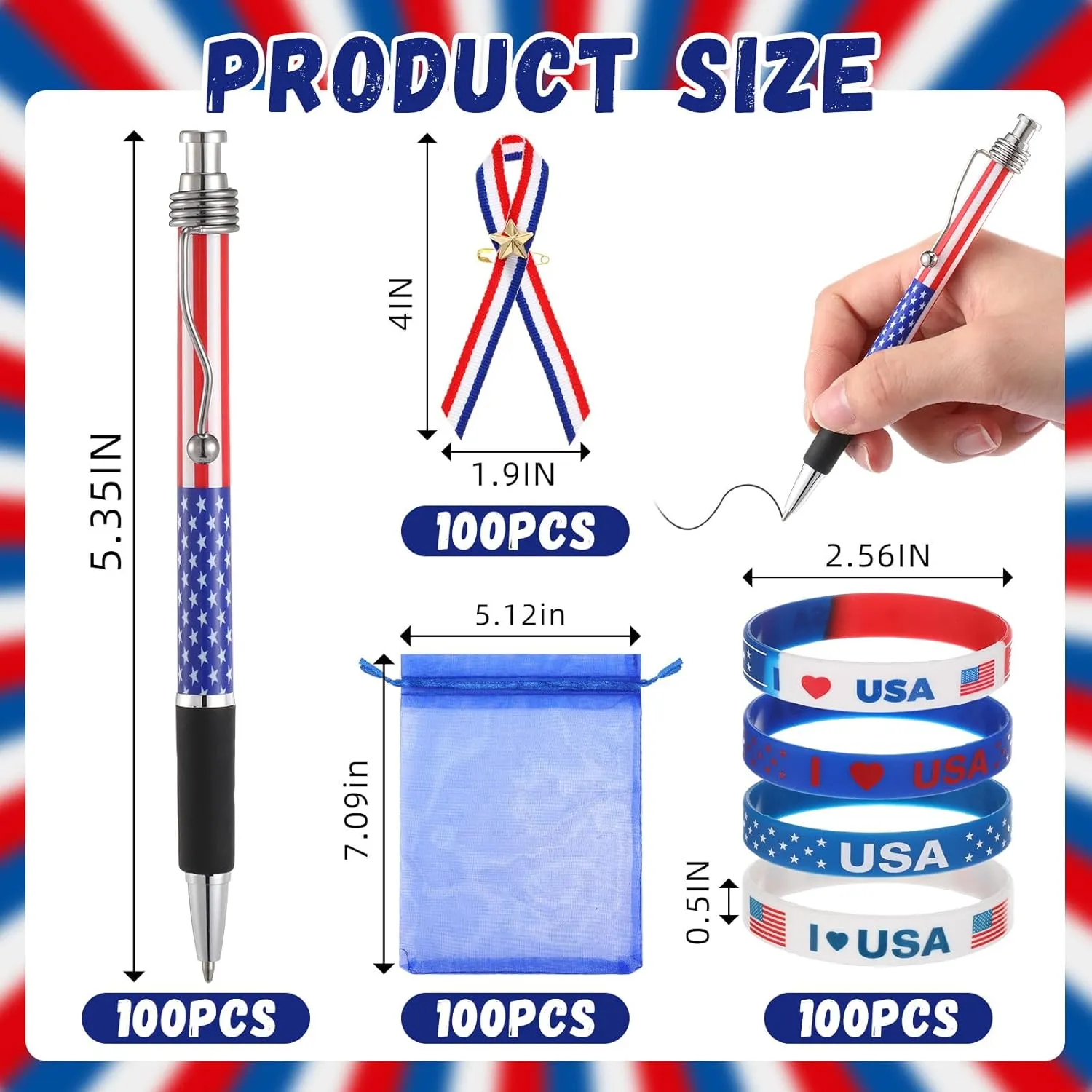 400pcs 4th of July Patriotic Gift Bulk Patriotic Pens American Flag Lapel Pins Bracelets Organza Gift Bag Set for Independence Day July 4th Memorial Day Supplies Home Office(Design)