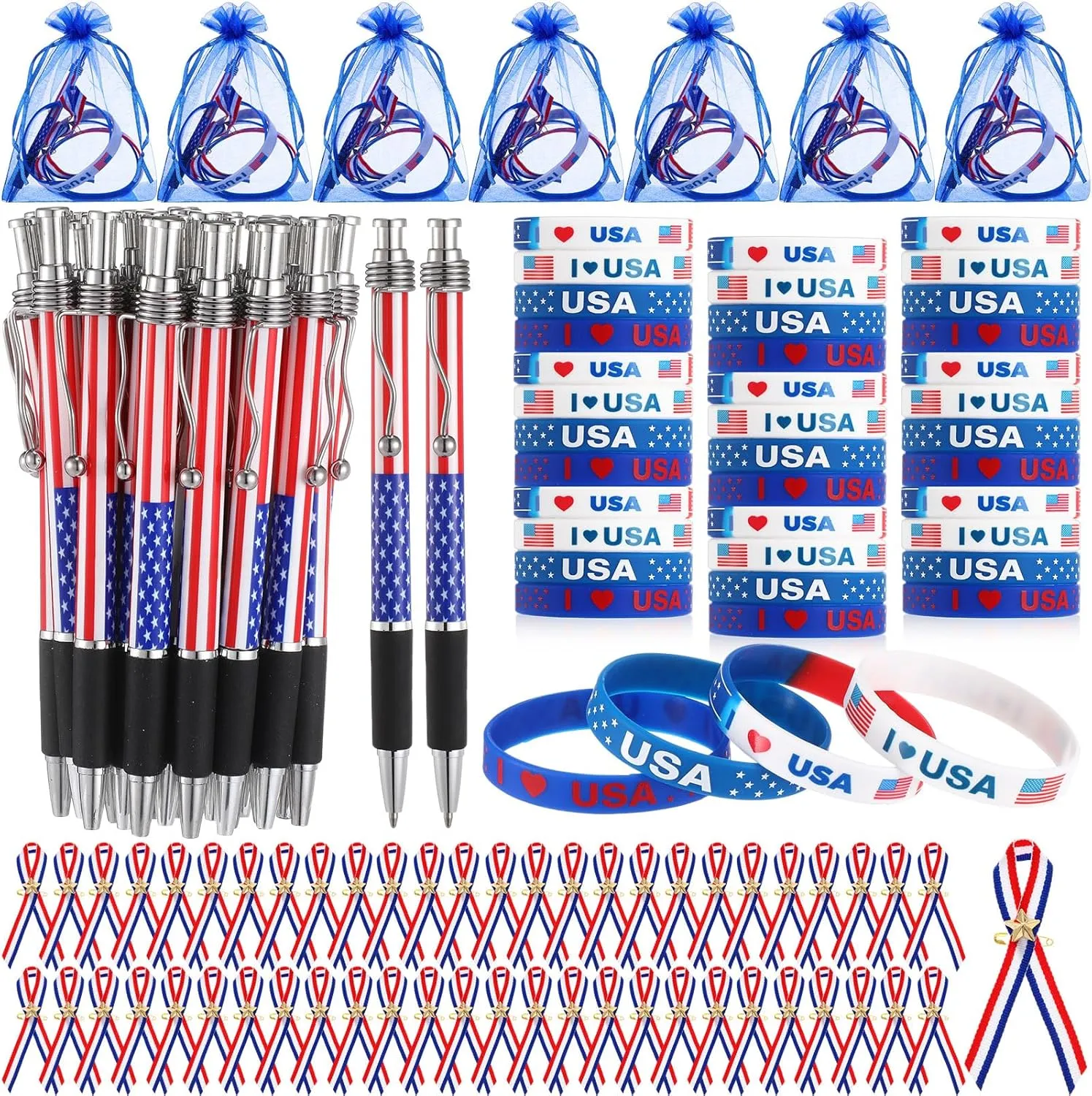 400pcs 4th of July Patriotic Gift Bulk Patriotic Pens American Flag Lapel Pins Bracelets Organza Gift Bag Set for Independence Day July 4th Memorial Day Supplies Home Office(Design)