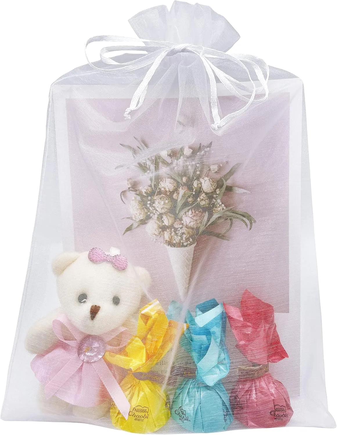 50 Pack White Organza Bags 8X12 inch Large Mesh Bags Drawstring Gift Packing for Jewelry Christmas Wedding Party Favor Bags (White)