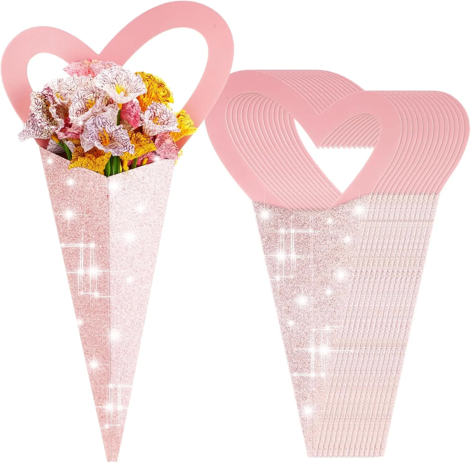 50 Pcs Heart Box Flowers Sleeves Bouquet Bags Single Flowers Sleeves Love Floral Wrapping Paper Gift for Valentine‘s Day Mother's Day Birthday Anniversary Party 7 x 14 Inch(Pink)