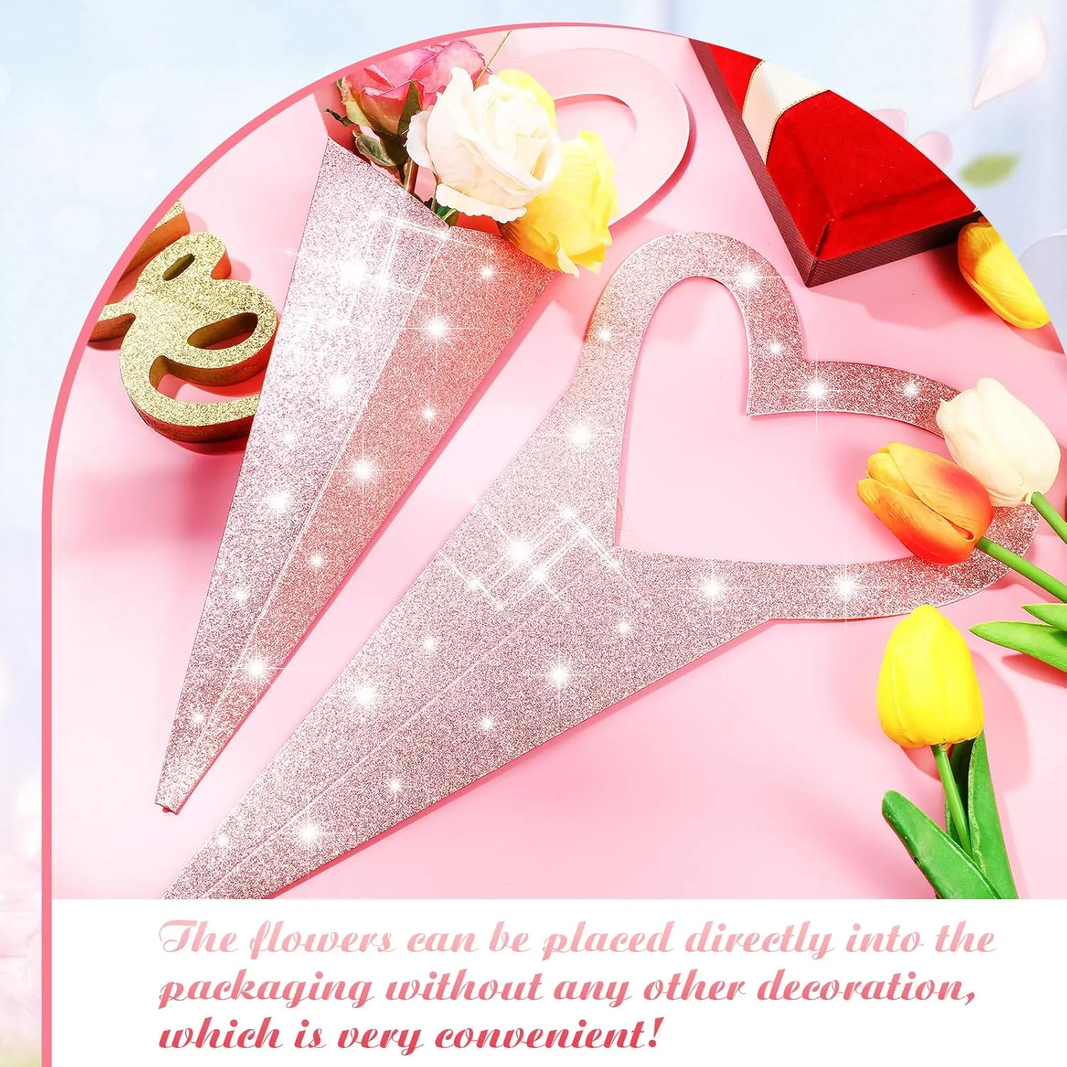 50 Pcs Heart Box Flowers Sleeves Bouquet Bags Single Flowers Sleeves Love Floral Wrapping Paper Gift for Valentine‘s Day Mother's Day Birthday Anniversary Party 7 x 14 Inch(Pink)