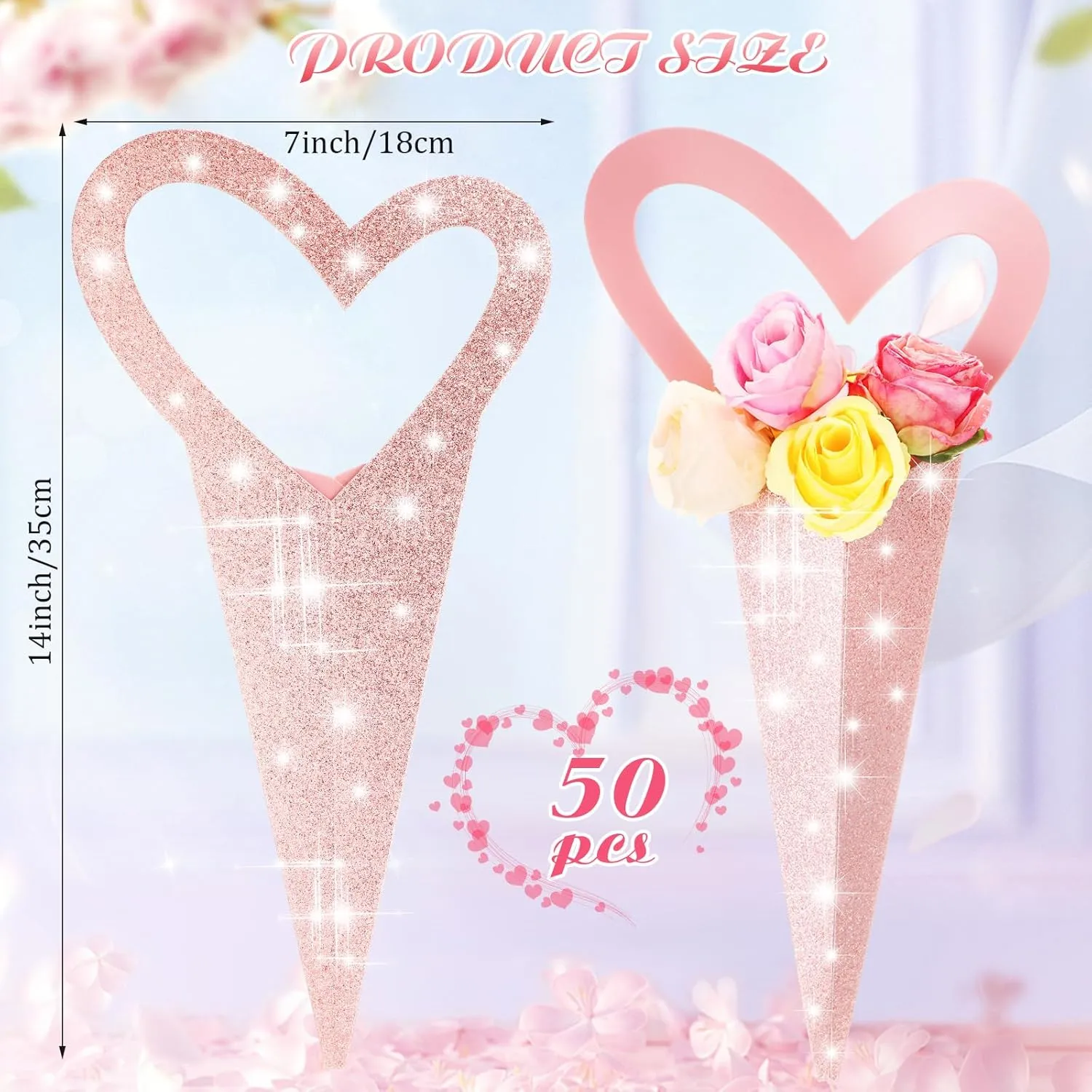 50 Pcs Heart Box Flowers Sleeves Bouquet Bags Single Flowers Sleeves Love Floral Wrapping Paper Gift for Valentine‘s Day Mother's Day Birthday Anniversary Party 7 x 14 Inch(Pink)