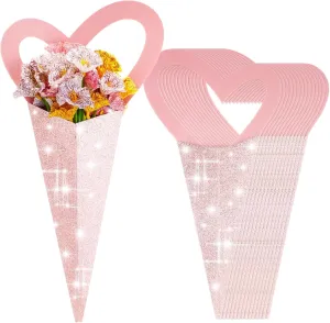 50 Pcs Heart Box Flowers Sleeves Bouquet Bags Single Flowers Sleeves Love Floral Wrapping Paper Gift for Valentine‘s Day Mother's Day Birthday Anniversary Party 7 x 14 Inch(Pink)