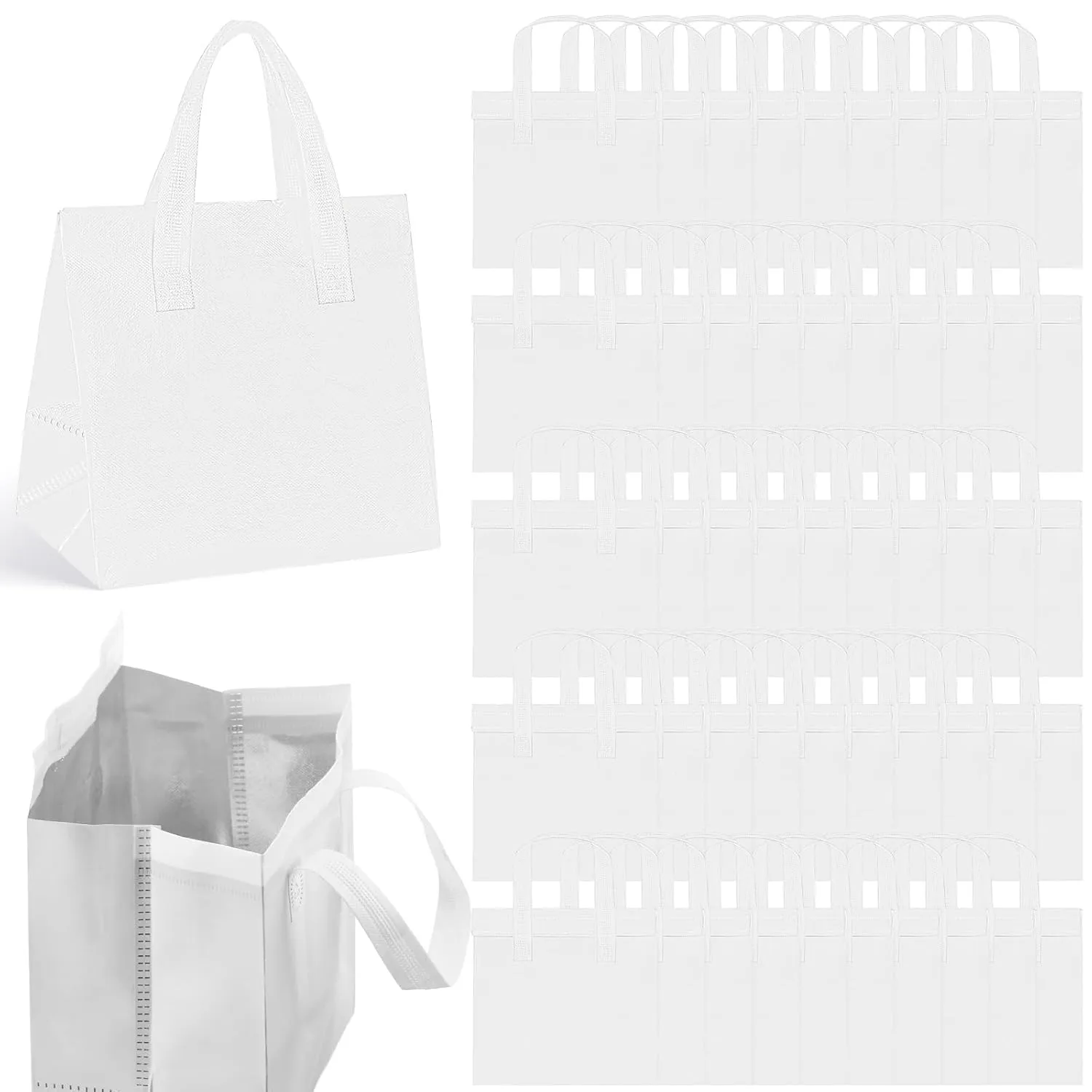50 Pcs Insulated Take Away Bags Bulk Thermal Insulation Food for Coffee Milk Tea Hot Cold Food Fresh Seafood Cooler Pizza Delivery Bags for Catering Restaurant Grocery (White)
