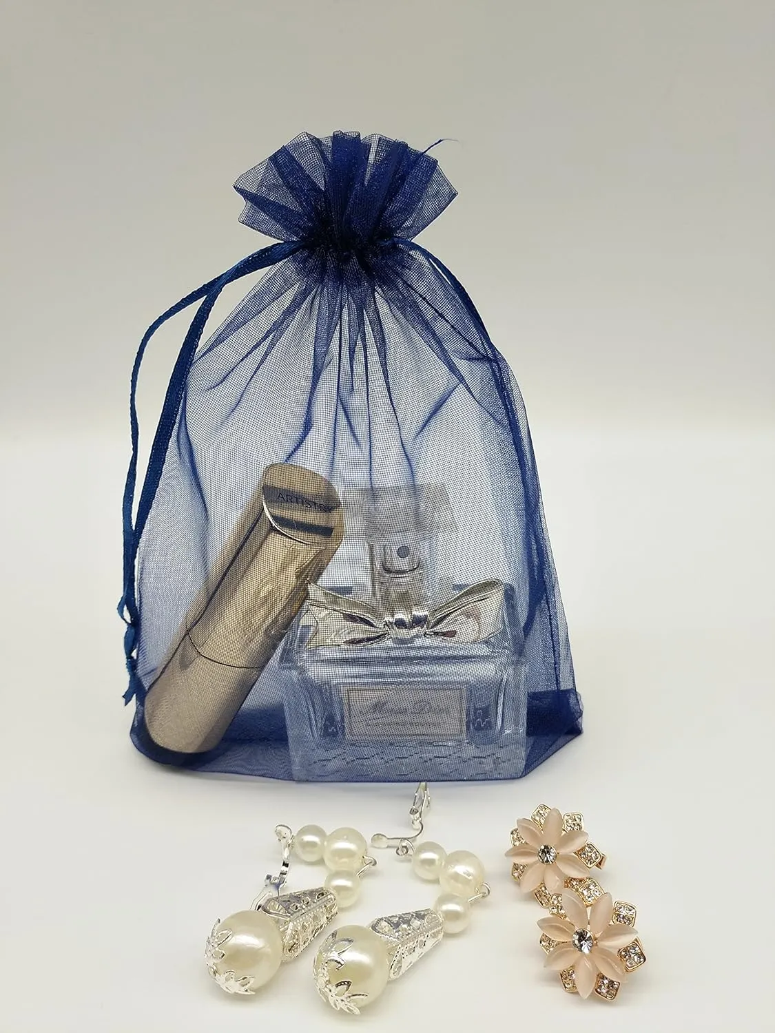 50pcs Large Sheer Organza Favor Bags 6.6x9'' Jewelry Candy Gift Bags Mini Bottle Wine Bags Samples Display Drawstring Pouches (Navy Blue)