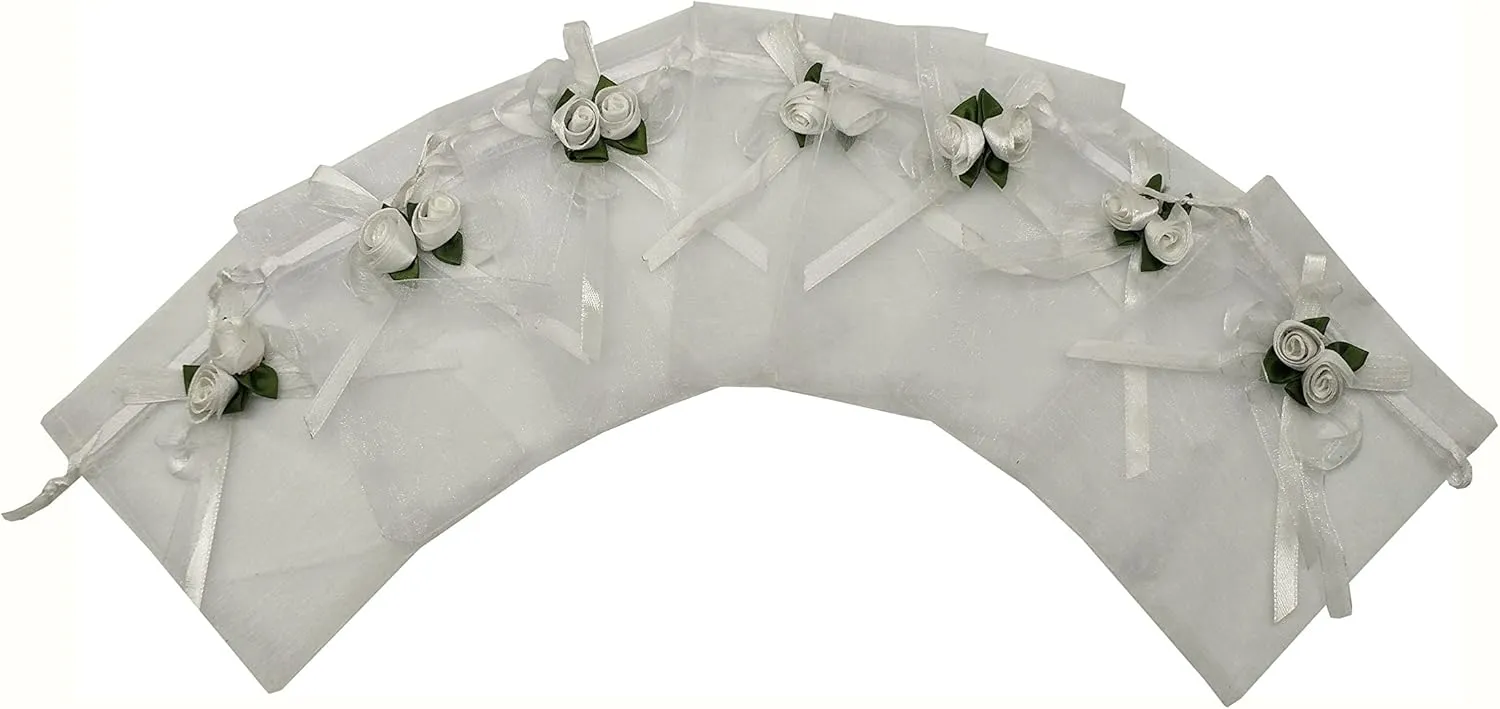 50pcs Sheer Organza Favor Bags for Wedding 3.8x4.8'' Gift Bags Samples Display Drawstring Rose Pouches (White)