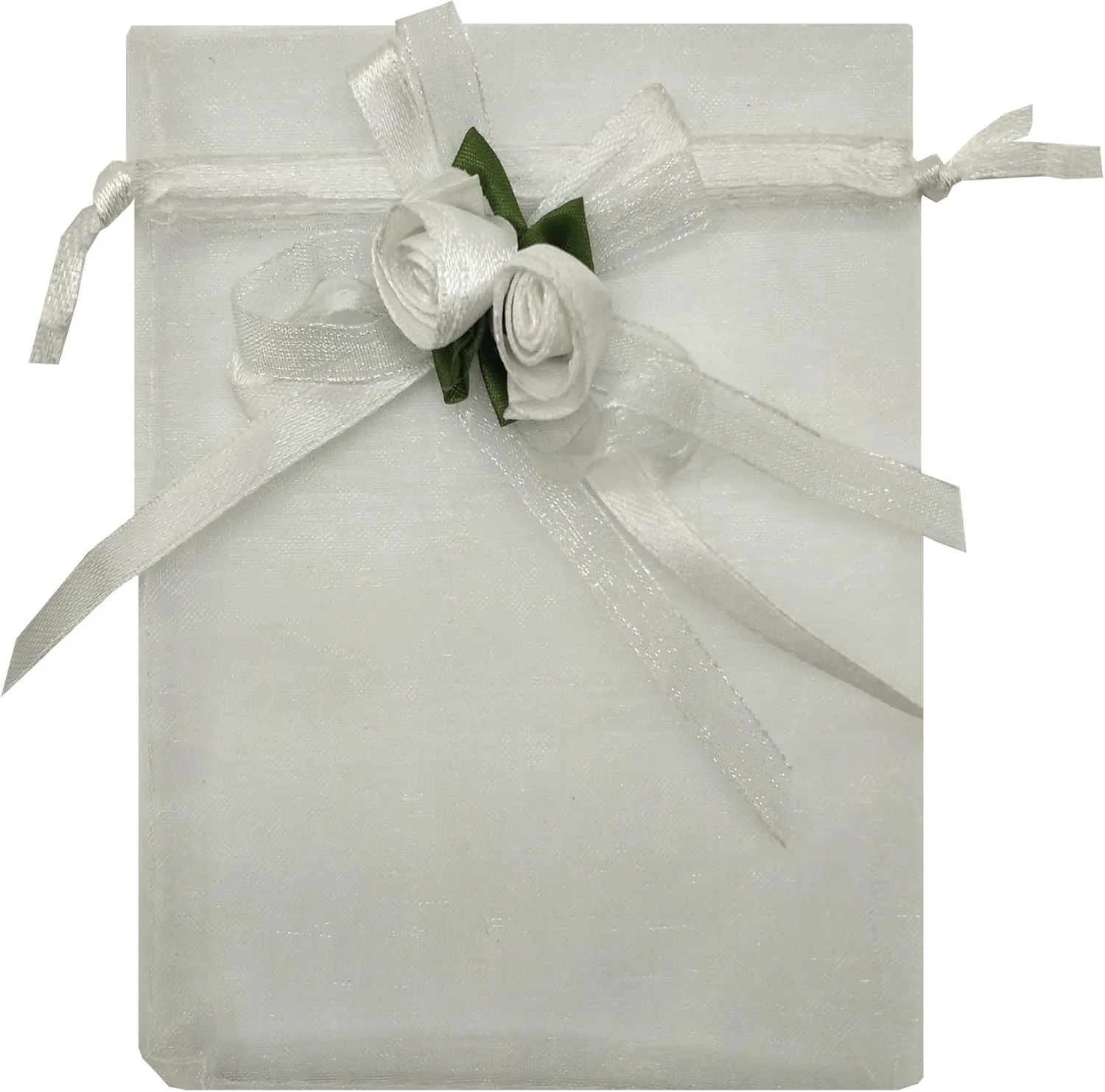 50pcs Sheer Organza Favor Bags for Wedding 3.8x4.8'' Gift Bags Samples Display Drawstring Rose Pouches (White)