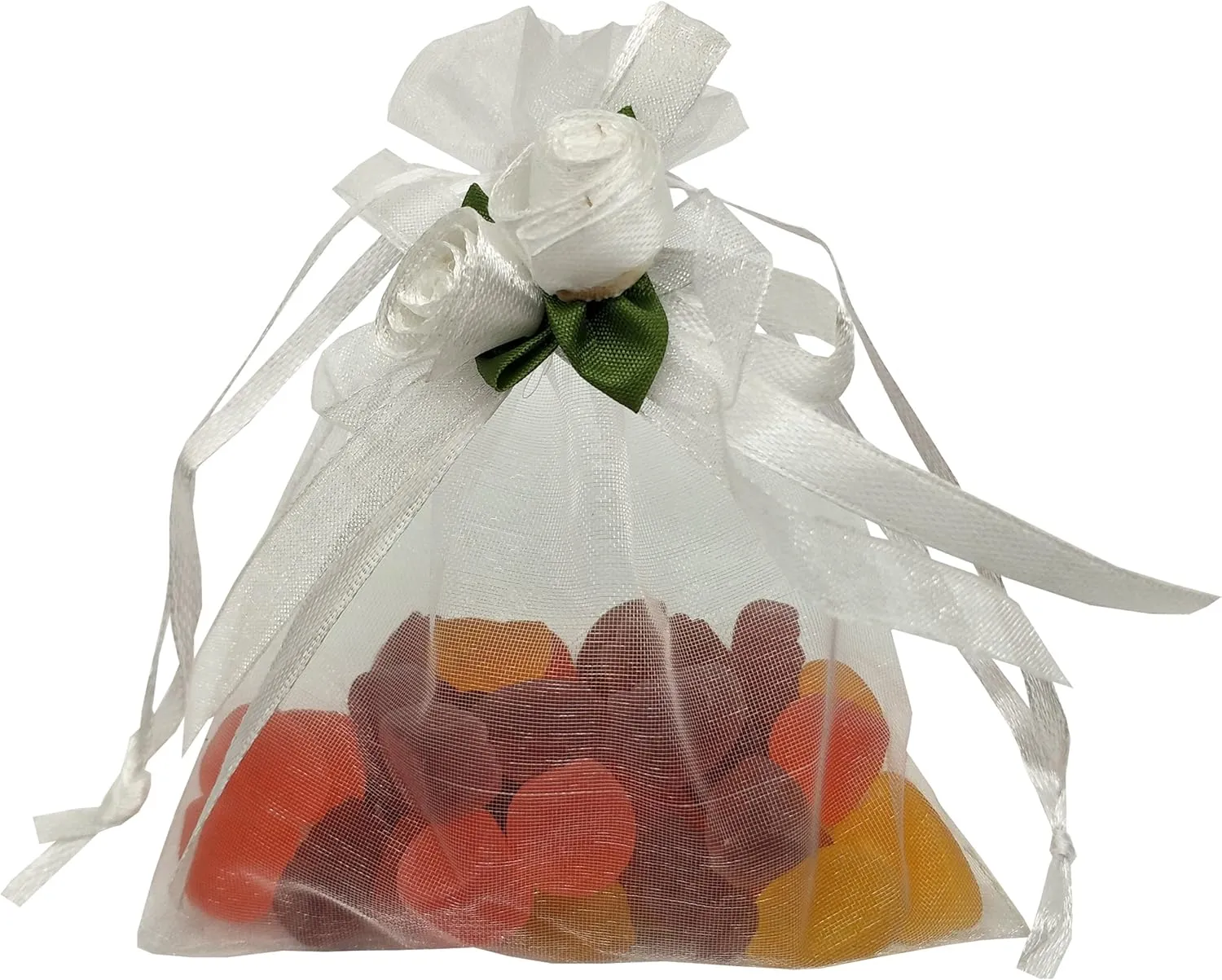 50pcs Sheer Organza Favor Bags for Wedding 3.8x4.8'' Gift Bags Samples Display Drawstring Rose Pouches (White)