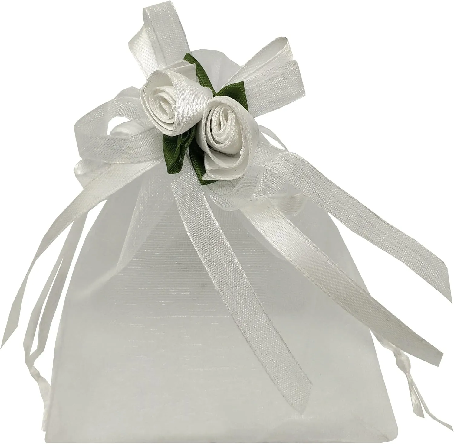 50pcs Sheer Organza Favor Bags for Wedding 3.8x4.8'' Gift Bags Samples Display Drawstring Rose Pouches (White)