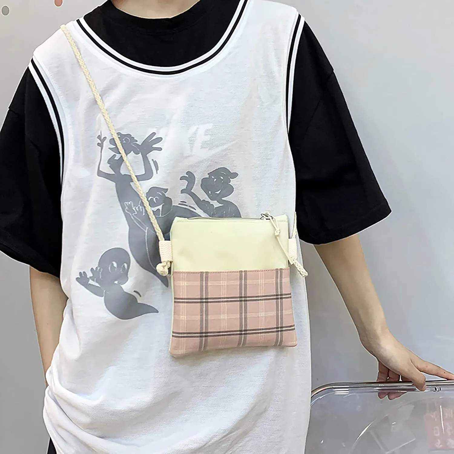 5Pcs Kawaii Backpack Set with Badge & Duck Pendant,Japanese Aesthetic Check Bookbag for Girls Cute Plaid School Bags Comes with Tote Bag,Shoulder Bag,Pencil Box,Small Bag(Pink,16in)