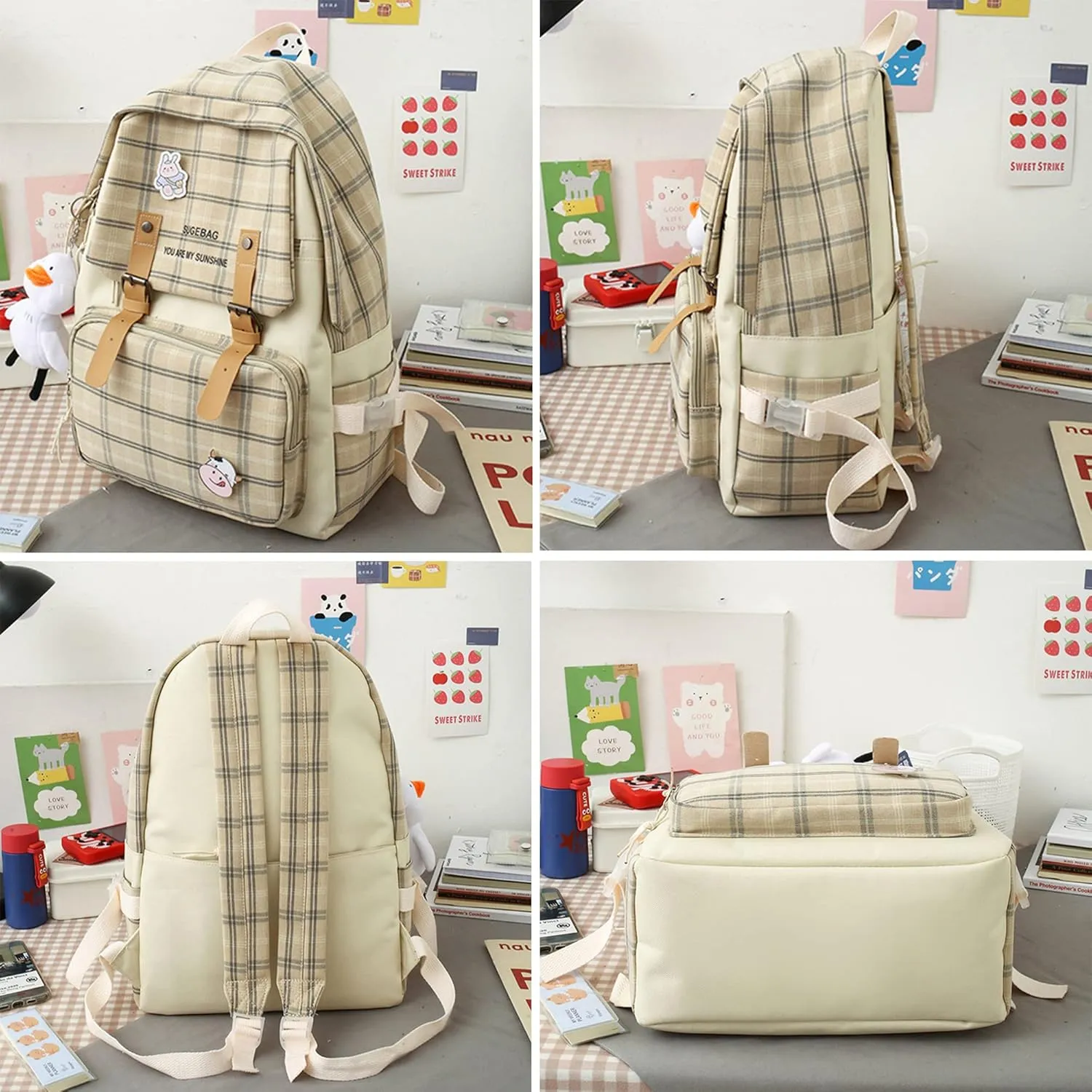 5Pcs Kawaii Backpack Set with Badge & Duck Pendant,Japanese Aesthetic Check Bookbag for Girls Cute Plaid School Bags Comes with Tote Bag,Shoulder Bag,Pencil Box,Small Bag(Pink,16in)