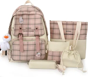 5Pcs Kawaii Backpack Set with Badge & Duck Pendant,Japanese Aesthetic Check Bookbag for Girls Cute Plaid School Bags Comes with Tote Bag,Shoulder Bag,Pencil Box,Small Bag(Pink,16in)