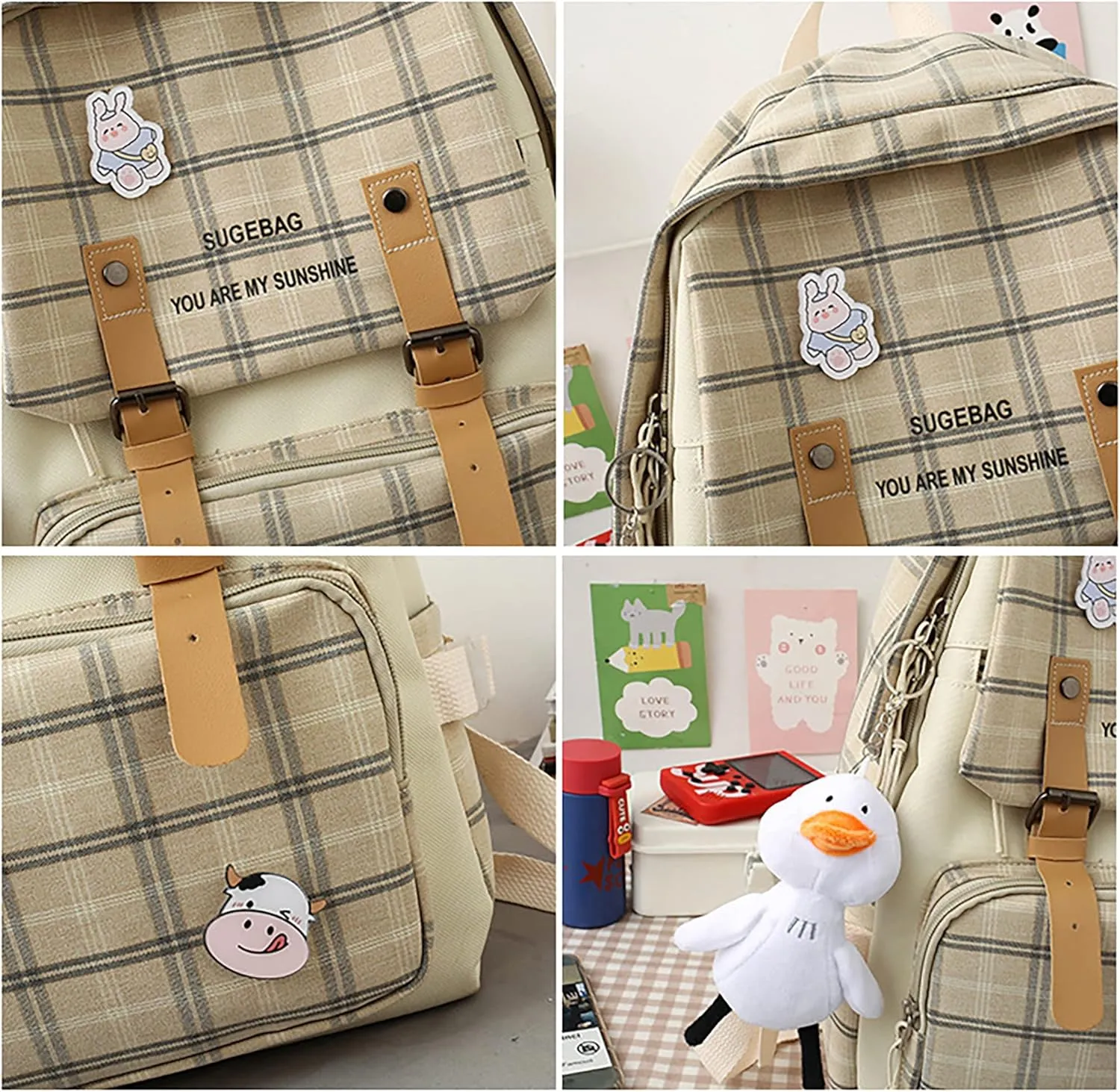 5Pcs Kawaii Backpack Set with Badge & Duck Pendant,Japanese Aesthetic Check Bookbag for Girls Cute Plaid School Bags Comes with Tote Bag,Shoulder Bag,Pencil Box,Small Bag(Pink,16in)