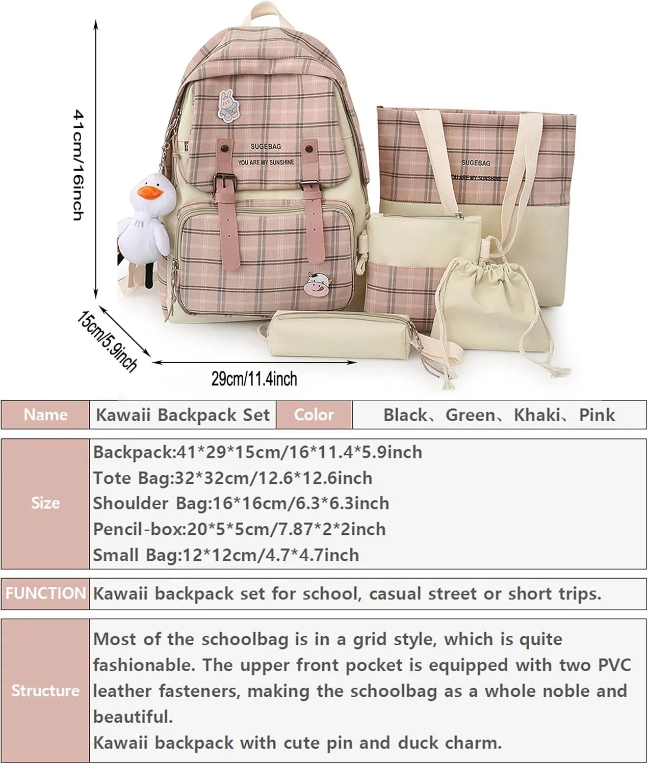 5Pcs Kawaii Backpack Set with Badge & Duck Pendant,Japanese Aesthetic Check Bookbag for Girls Cute Plaid School Bags Comes with Tote Bag,Shoulder Bag,Pencil Box,Small Bag(Pink,16in)