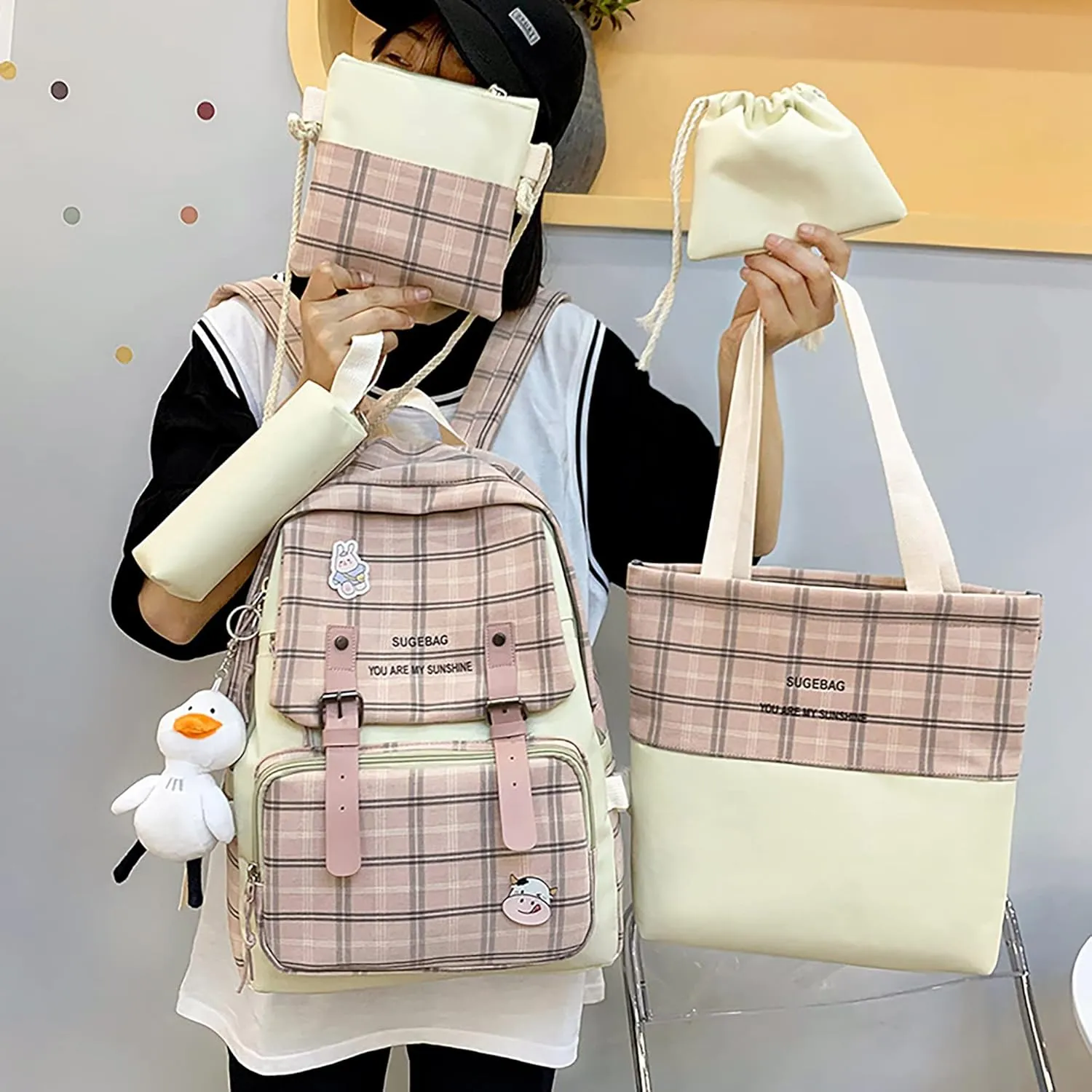 5Pcs Kawaii Backpack Set with Badge & Duck Pendant,Japanese Aesthetic Check Bookbag for Girls Cute Plaid School Bags Comes with Tote Bag,Shoulder Bag,Pencil Box,Small Bag(Pink,16in)