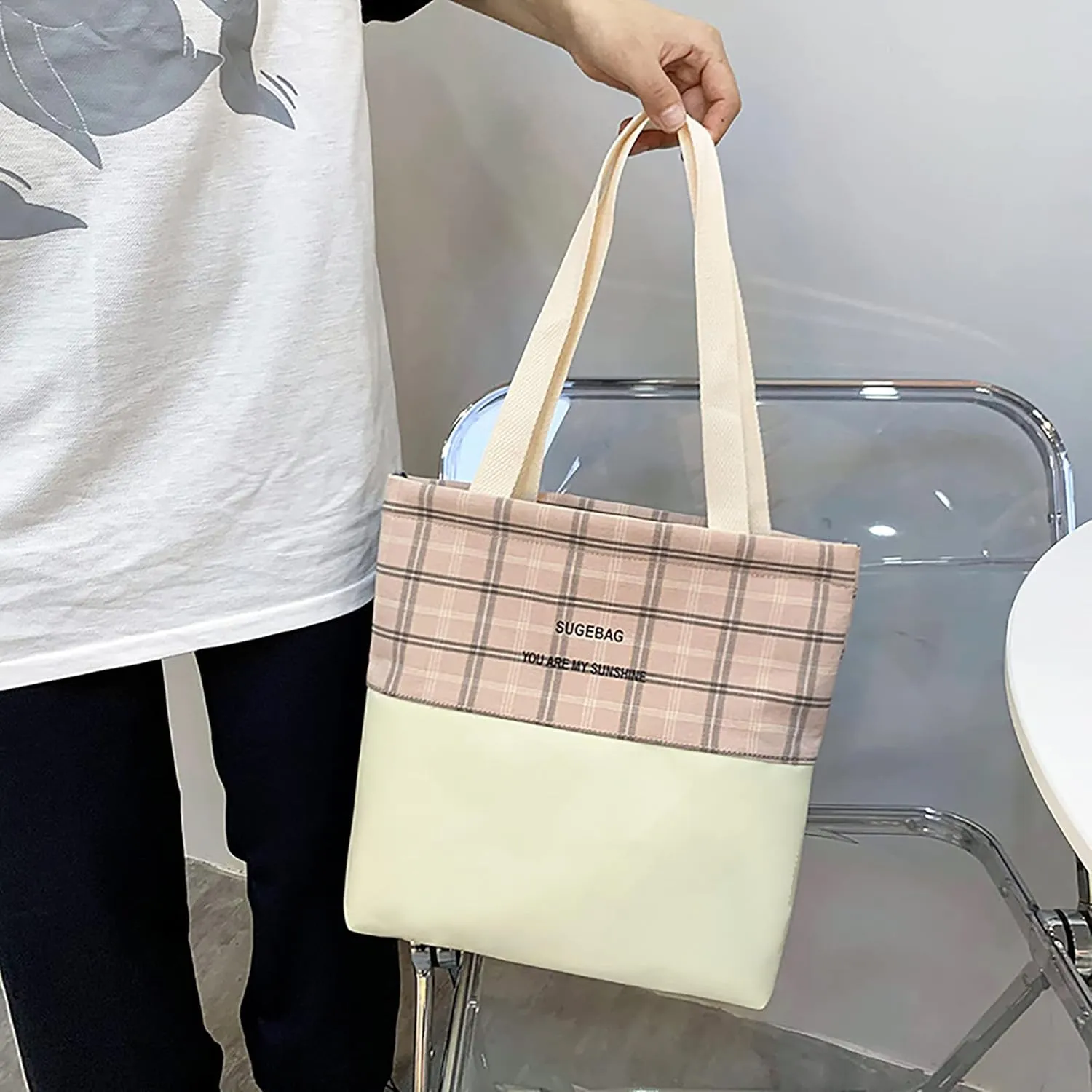 5Pcs Kawaii Backpack Set with Badge & Duck Pendant,Japanese Aesthetic Check Bookbag for Girls Cute Plaid School Bags Comes with Tote Bag,Shoulder Bag,Pencil Box,Small Bag(Pink,16in)