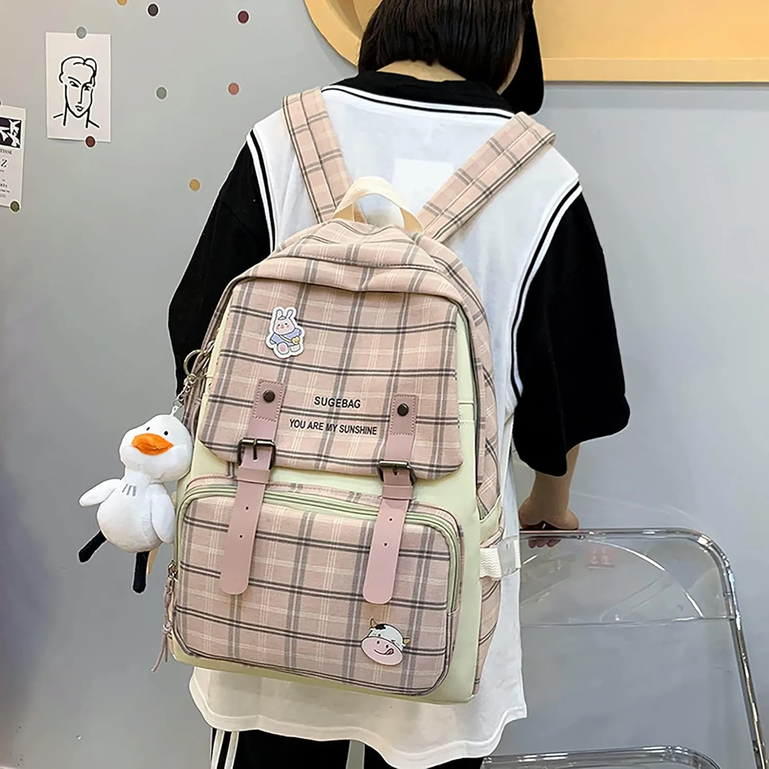 5Pcs Kawaii Backpack Set with Badge & Duck Pendant,Japanese Aesthetic Check Bookbag for Girls Cute Plaid School Bags Comes with Tote Bag,Shoulder Bag,Pencil Box,Small Bag(Pink,16in)