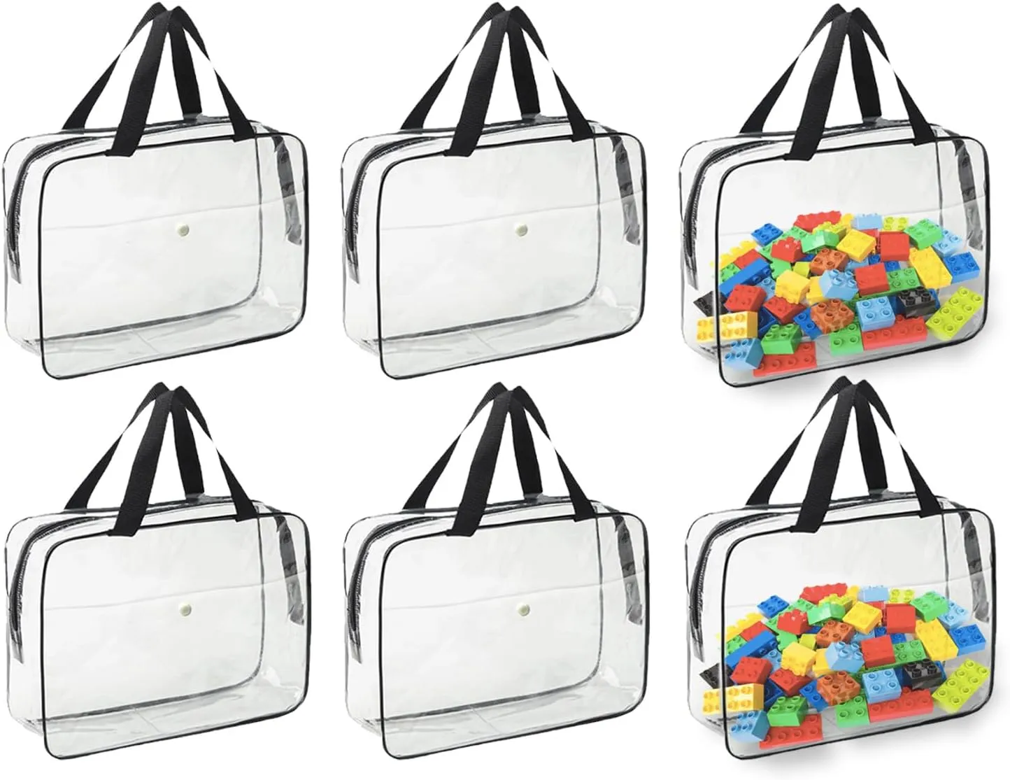 6 Pcs Toy Storage Bags with Zipper - 11.8 x 8.6 x 3.9 Inch,Clear PVC Portable Handheld Zipper Toy Organizer Bags for Organizing Board Games,Building Blocks,Puzzle,and Kids Books.black 6 Pcs
