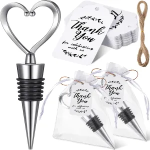60 Pack Heart Shape Wine Stoppers Love Wine Bottle Stopper Silver Champagne Beer Bottle Stopper Decorative Wine Stopper with Sheer Bags, Labels for Wedding Gift Valentine‘s Day Decorations
