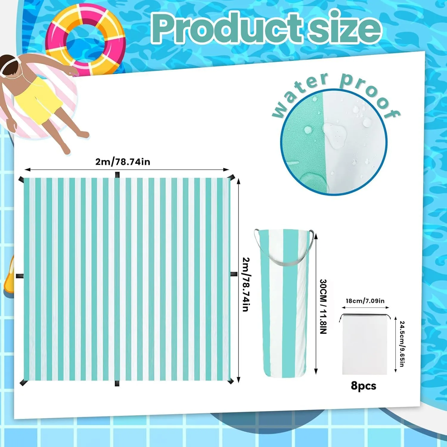 6.5 x 6.5 Feet Babywith Waterproof Carrying Bag 2-in-1 Beach Pool for Toddler for Green Stripe Design Beach Blanket-