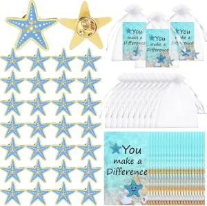 90 Pcs/30 Sets Starfish Story Gifts Bulk 30 Starfish Lapel Pin with Appreciation Cards and Organza Bags You Make a Difference Employee Appreciation Thank You Gift for Graduate Coworker Staff