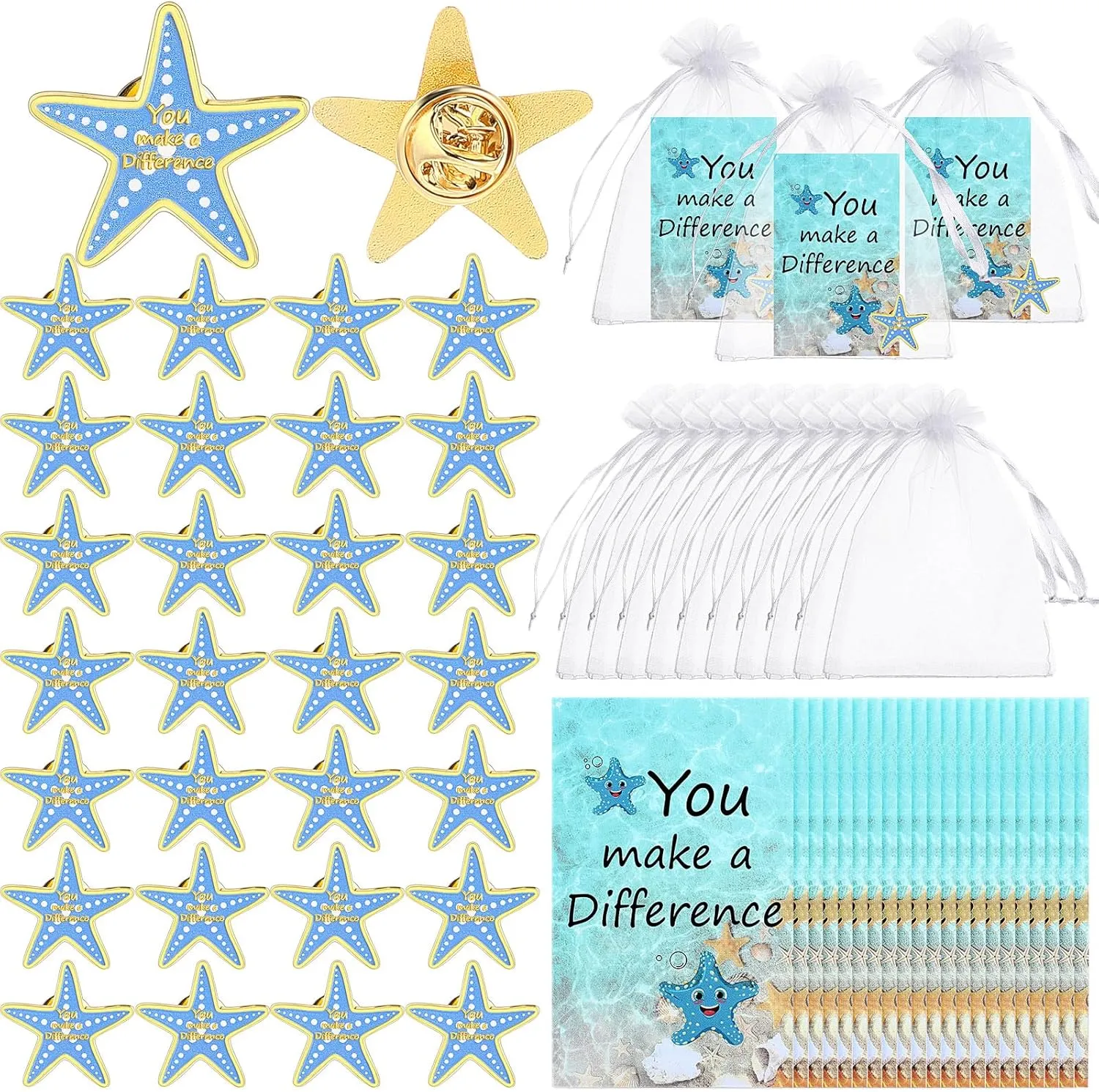 90 Pcs/30 Sets Starfish Story Gifts Bulk 30 Starfish Lapel Pin with Appreciation Cards and Organza Bags You Make a Difference Employee Appreciation Thank You Gift for Graduate Coworker Staff