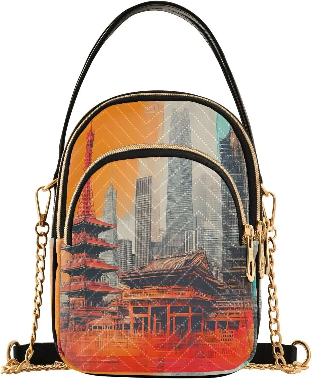 Abstract Tower Buildings and Skyscrapers Women Trendy Quilted Crossbody Bag Sling Bags Handbags with Chain Strap Travel Cross Body Cell Phone Purses Bags