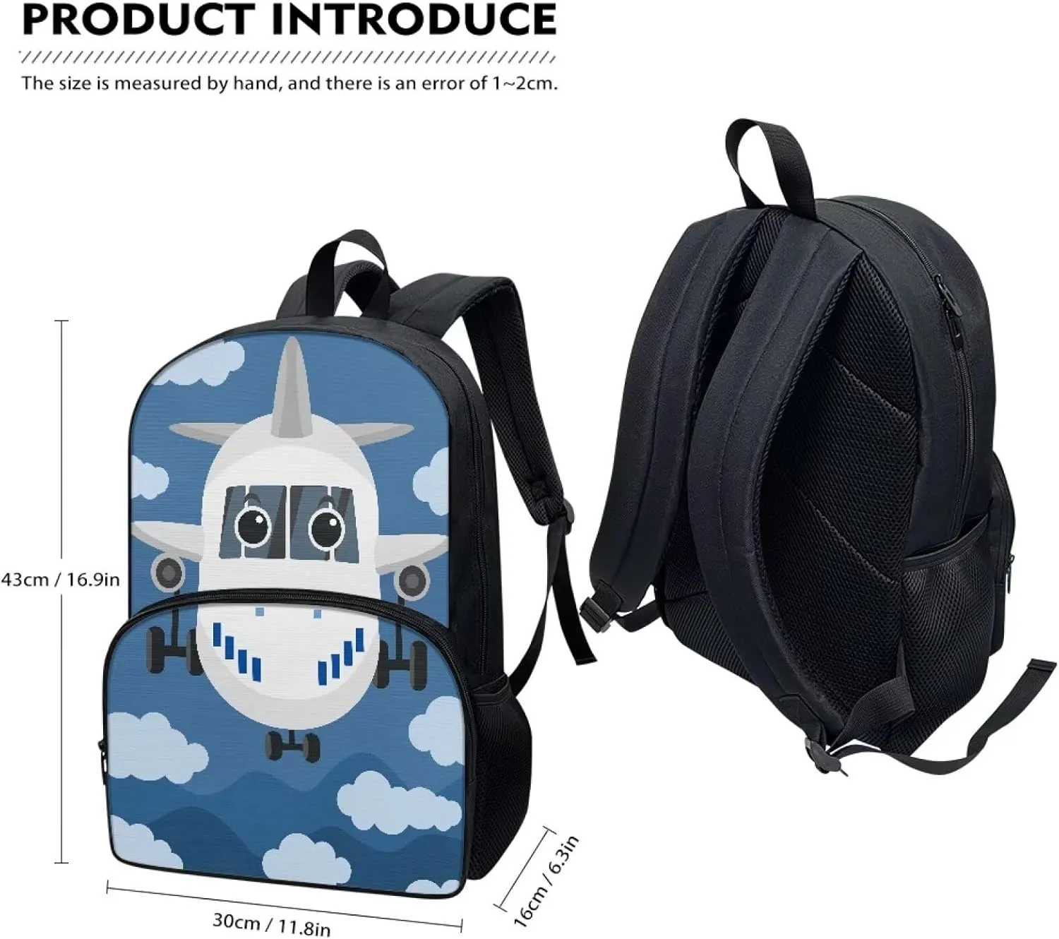 Aircraft Boys Backpack 6-8 White Clouds Backpack Set Kids 3 Piece School Backpack for Teen Girls Backpack with Matching Lunch Bag & Pencil Pouch for Kids Elementary Primary Middle