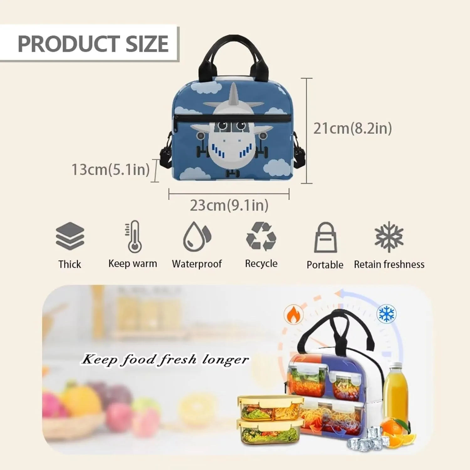 Aircraft Boys Backpack 6-8 White Clouds Backpack Set Kids 3 Piece School Backpack for Teen Girls Backpack with Matching Lunch Bag & Pencil Pouch for Kids Elementary Primary Middle