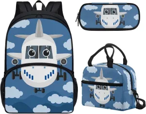Aircraft Boys Backpack 6-8 White Clouds Backpack Set Kids 3 Piece School Backpack for Teen Girls Backpack with Matching Lunch Bag & Pencil Pouch for Kids Elementary Primary Middle